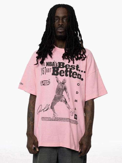 Dennis Rodman Bulls Dynasty Pink Tee featuring an oversized fit, bold text design, and player graphic on front.