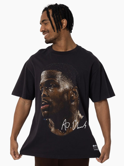 Detail of Anthony Edwards Big Head Tee in vintage black featuring oversized player portrait.