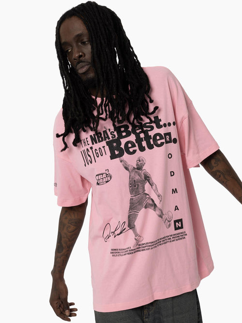 Dennis Rodman Bulls Dynasty Pink Tee featuring an oversized fit, bold text design, and player graphic on front.